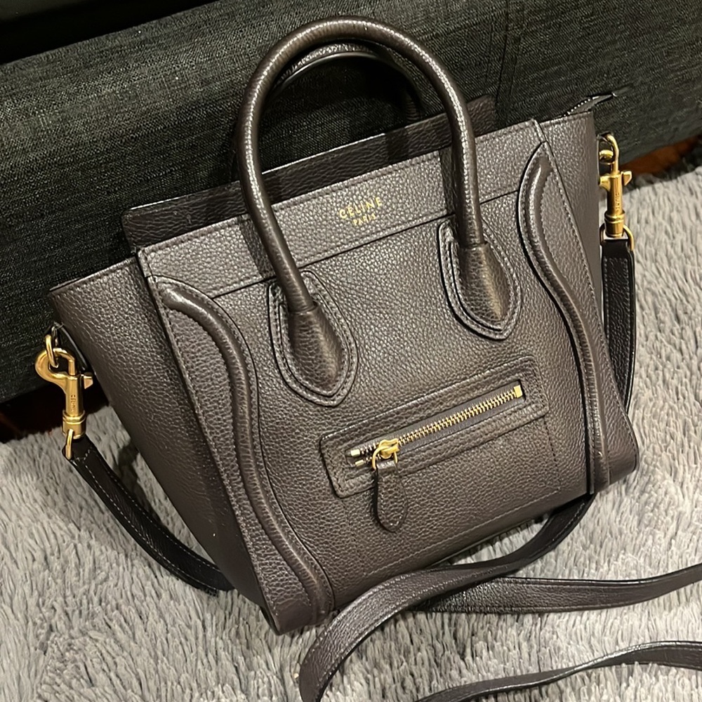 Celine Nano Luggage Drummed Leather in dark taupe/black, Gold Hardware
